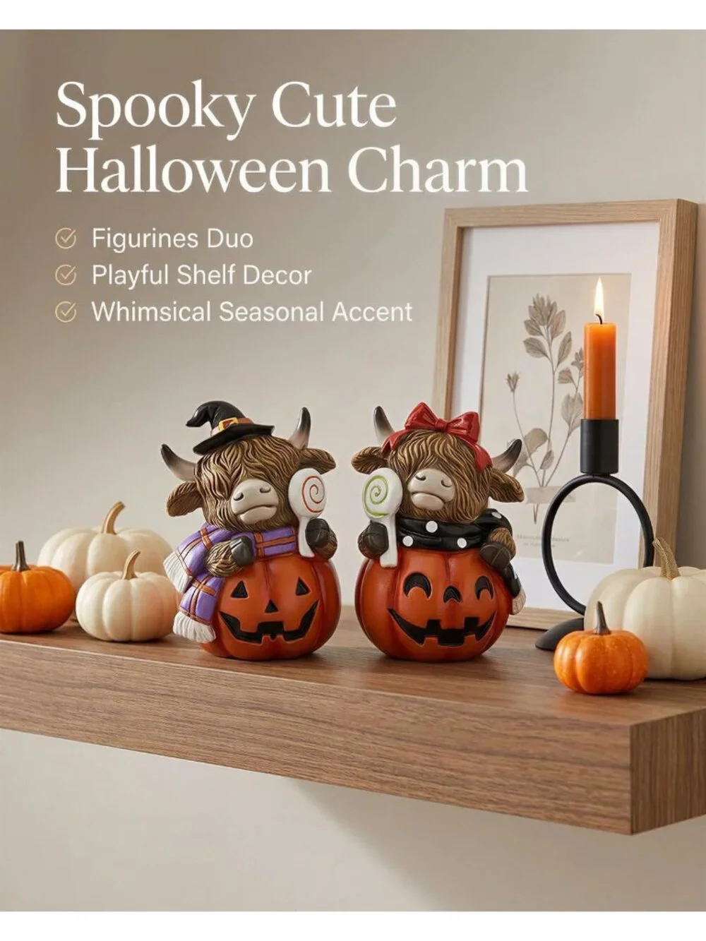 Highland Cow Jack Lantern Orange Brown Figurine Halloween Resin Farmhouse Décor